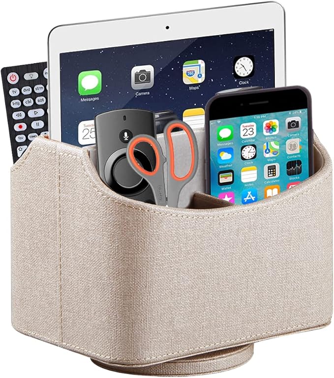 PU Leather Remote Control Holder,360 Degree Spinning Desk TV Remote Caddy,Desk Organizers and Accessories,for Controller,Media,Mail,Calculator,Mobile Phone,Pen Storage Holder(Beige)