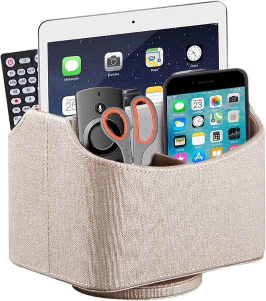 PU Leather Remote Control Holder,360 Degree Spinning Desk TV Remote Caddy,Desk Organizers and Accessories,for Controller,Media,Mail,Calculator,Mobile Phone,Pen Storage Holder(Beige)