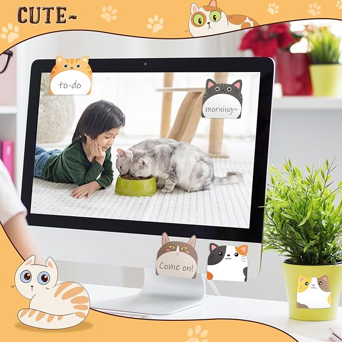 Yinder 24 Pads Cute Sticky Notes Kawaii Fun Animal Sticky Notes Pads Bulk Cartoon Memo Self Adhesive for Veterinary Gift Office School Tab Party Supplies(Cats)