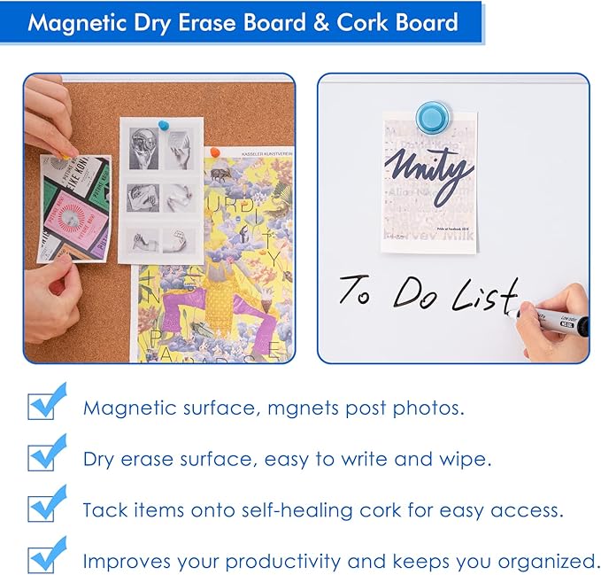 Magnetic White Board and Cork Board Combo, 24 X 18 inches Whiteboard Bulletin Combination Board, Wall Mounted Dry Erase Message Board for Home, School and Office