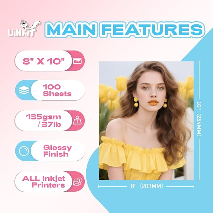 Uinkit 37lb Thin Flyer Paper Glossy 8x10 Inkjet 100 Sheets Single Side DIY Chip Bag 135gsm Photos Picture for Inkjet Printer with Dye Ink Brochure (8X10X100)