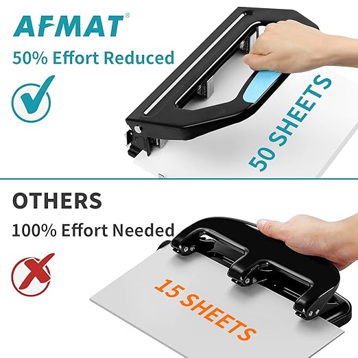 AFMAT HP18 Heavy Duty 3 Hole Punch, 50-Sheet Hole Puncher 3 Ring, 50% Reduced Effort, Adjustable Two & Three Hole Punch, Metal Paper Puncher w/Large Chip Tray, Metal Paper Guide, Black