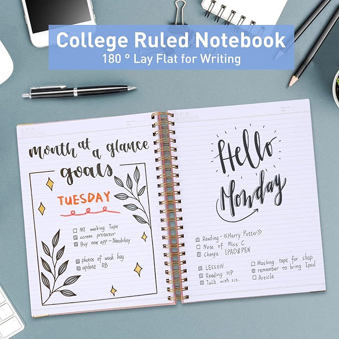 Spiral Notebook, College Ruled Notebook, 8.5" x 11", 300 Pages Hardcover Leather Notebook Journal for Women Men, A4 Large Lined Journal Notebooks for Work School, 24pcs Index Tabs, Thick, Light Blue