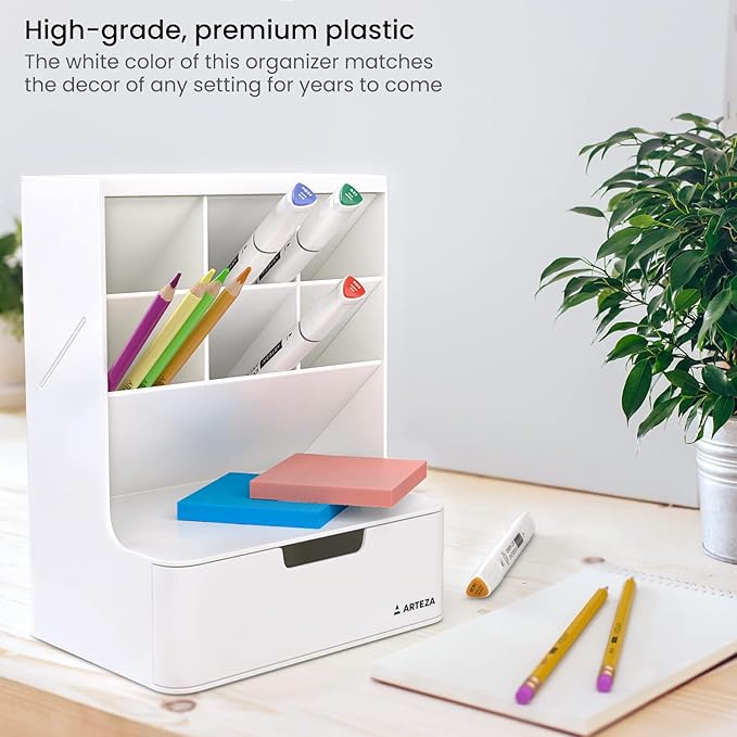 ARTEZA Desktop Pen and Marker Organizer, 6-Compartment White Pen Holder for Desk with Stationery Drawer, Makeup Organizer