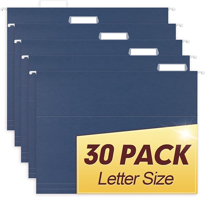 HERKKA Hanging File Folders, 30 Pack Reinforced Letter Size Hanging Folders, Designed for Bulky Files, Filing Cabinet, 1/5-Cut Adjustable Tabs (Blue)