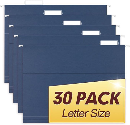 HERKKA Hanging File Folders, 30 Pack Reinforced Letter Size Hanging Folders, Designed for Bulky Files, Filing Cabinet, 1/5-Cut Adjustable Tabs (Blue)