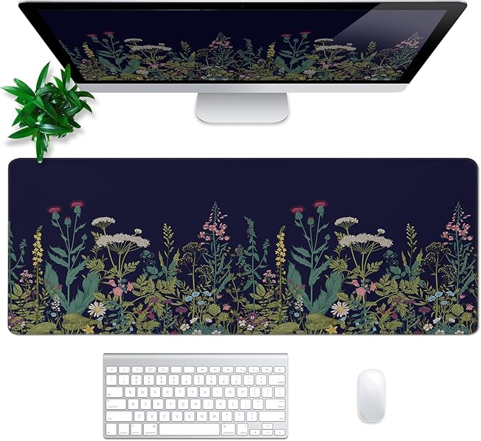Wildflower Mouse Pad Abstract Black Mouse Pad 31.5x11.8 Inch Flower Texture Non-Slip Rubber Base Large Mousepad Stitched Edges Keyboard Mouse Mat Desk Pad for Office and Home
