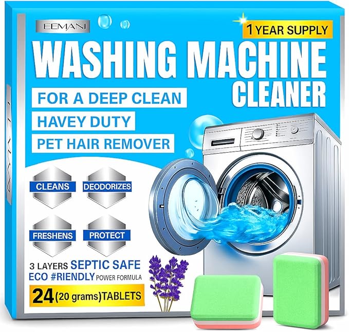 Washing Machine Cleaner Tablets 24 Pack – Deep Cleaning for HE Front & Top Load Washer, 20g Tablets, Freshener for Drum & Tub – 1 Year Supply