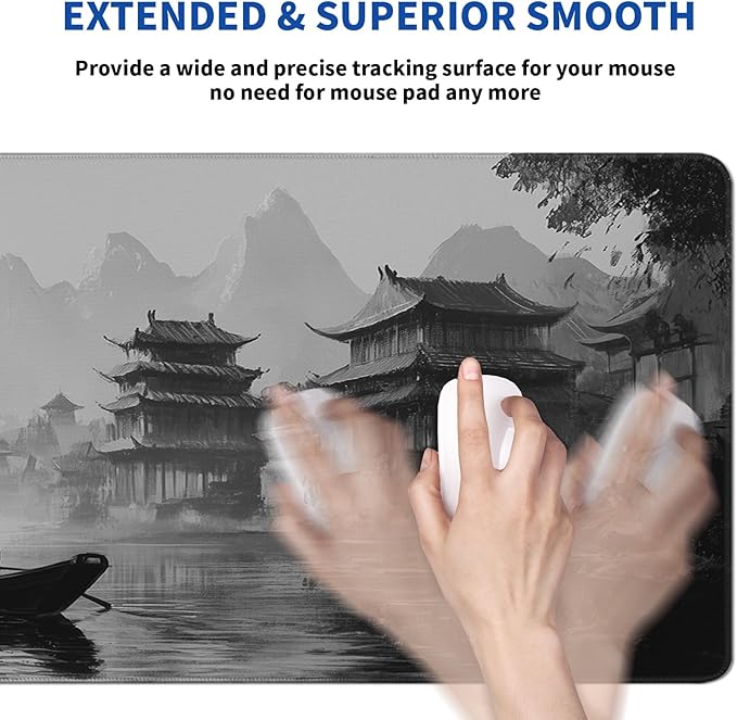 Japanese Ink Landscape Mouse Pad Abstract Black Mouse Pad 31.5x11.8 Inch LandscapeTexture Non-Slip Rubber Base Large Mousepad Stitched Edges Keyboard Mouse Mat Desk Pad for Office and Home