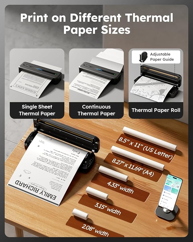 Phomemo Portable Printers Wireless for Travel, Inkless Portable Thermal Printer for Phone Laptop, Support 8.5'' x 11'' US Letter and A4 Szie, Bluetooth Mobile Printers for Vehicle Office Home Use