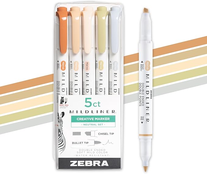 Zebra Pen Mildliner Dual-Tip Highlighter Set, Broad and Fine Tips, Ideal for Bible Highlighting, No Bleed, School Supplies and Teacher Supplies, Assorted Neutral Vintage Ink Colors, 5-Pack (78605)