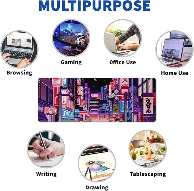 Dark Purple Japanese Gaming Mouse Pad Abstract Anime Mat 31.5x11.8 Inch Tokyo Pixel Street Texture Non-Slip Rubber Base Kawaii Mousepad Stitched Edges Keyboard Desk Pad for Office and Home Game