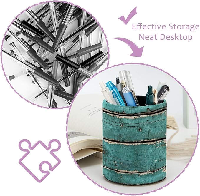 Round Creative Pen Holder |Rustic Distressed Teal Green Barn Wood P (1) Desktop Storage Organizer|Gadget Stationery Storage Box|Office Leather Organizer