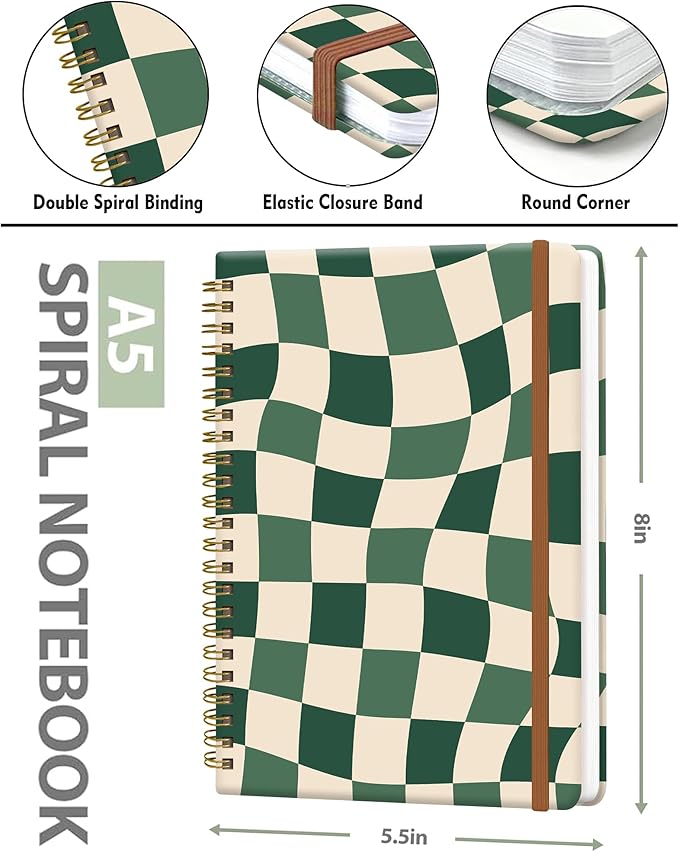Spiral Journal Notebook for Women, Hardcover A5 College Ruled Notebook, 60 Sheet, Thick Paper, Cute Lined Journal for School, Office & Work, 6 x 8.4 in(Green Checkered)