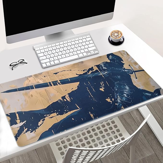 Non-Slip and Waterproof Gaming Mouse Pad, Extended XXL Desk Mat, Medieval Knight Design, Navy Blue and Beige, 31.5 x 15.7 inches, Lightweight