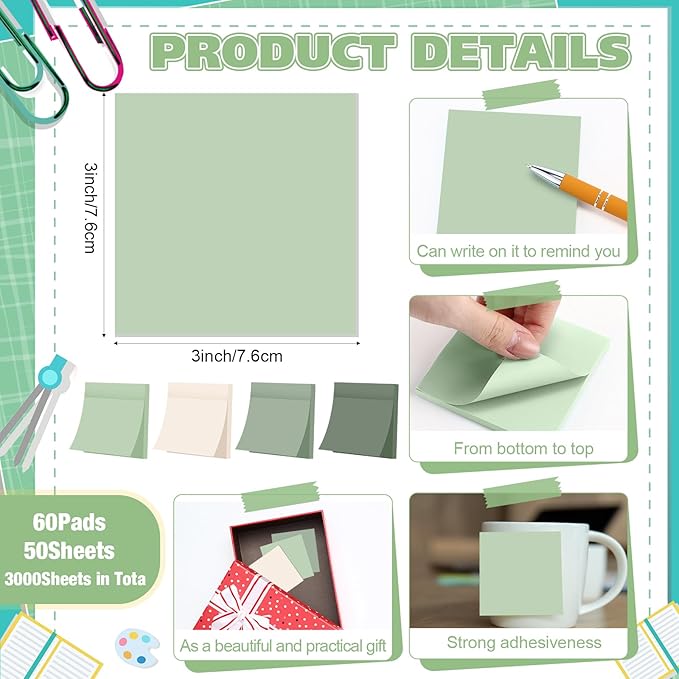 Fainne 60 Pack Sticky Notes Bulk Back to School Supplies Self Stick Note Pads Paper Memo for Office First Day of School Student Teacher Essentials (3x3inch,Fresh Color)