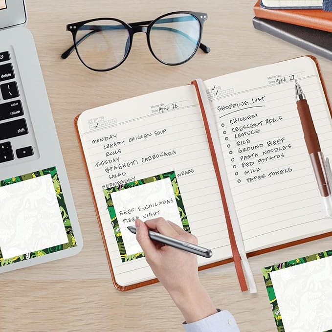 Sticky Notes, 2 Pads, 3x3 inches, Cute Colorful Fun Self-Stick Note Pads, Easy Post, Strong Adhesive Notepad Green Dino Pattern