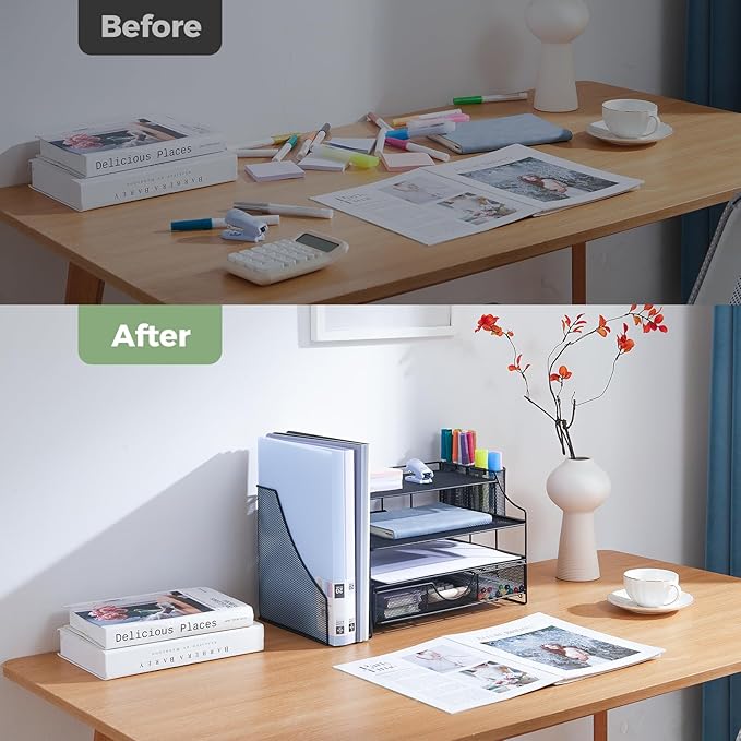 Desk Organizers and Accessories, 4 Tier Paper Letter Tray Organizer Holder Desk Organization with Drawer, Mesh Desktop Organizer with Vertical File Holder Workspace Accessories for Office Supplies
