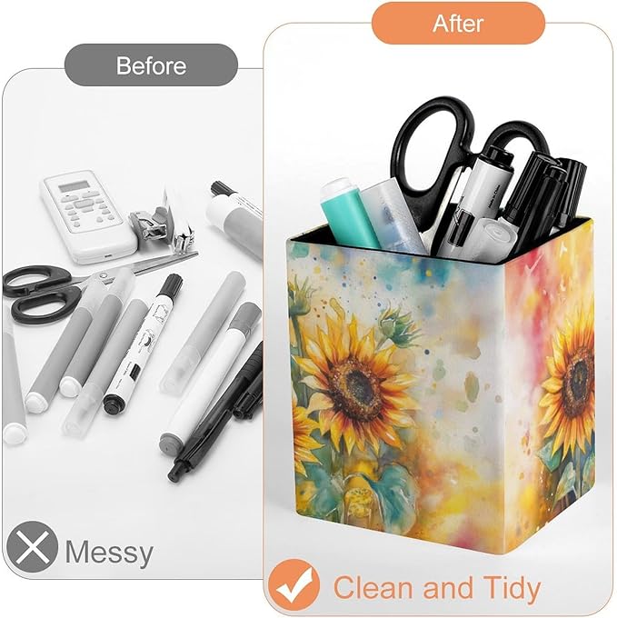 Square Pen Holder & Pencil Organizer for Desk - Office Storage Organizer, Markers/Makeup Brushes/Scissors Holder, Compact Desk Decor Accessories for Home Classroom School(Sunflower)