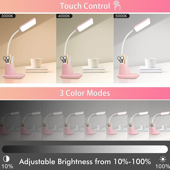 Sailstar Pink Desk Lamp, Small Desk Lamp with Pen Holder, Wireless Charger LED Desk Lamps for Home Office, Kids Desk Lamps 800LM Gooseneck 3 Modes Dimmable Touch, Study Lamps for College Dorm Room