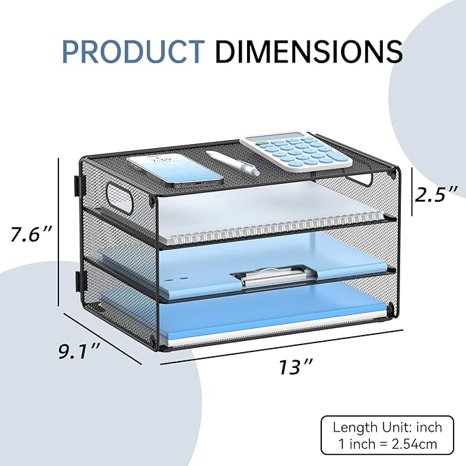 DALTACK 3 Tier Letter Tray Paper Organizer with Handle, Mesh Desk File Organizer, Paper Tray Desk Organizer for School Office Home, Metal Mesh, Black