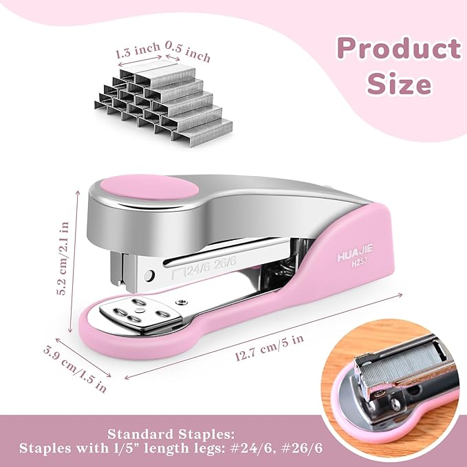 Temiary Metal Desktop Stapler with 2000 Staples Standard, 25 Sheet Capacity, Jam Free, Reduced Effort, for Desk Classroom Office Supplies (Pink)