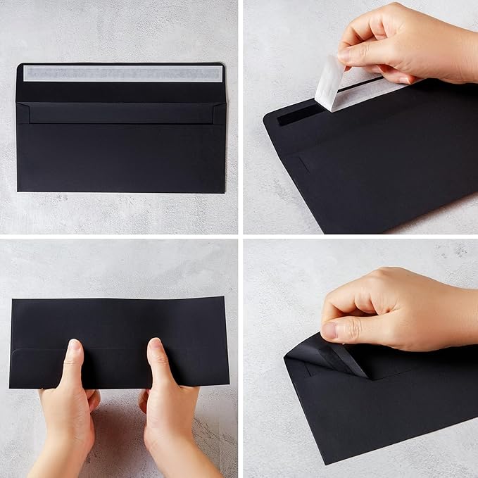 Wishop 50 Pack #10 Business Envelopes Self Seal 4x9 Standard Envelopes for Business, Invoices, Letter Mailing, 4 1/8 x 9 1/2 Inches (Black, 4.13 x 9.49)
