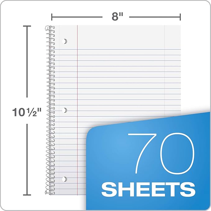 Oxford 1-Subject Notebooks, School Journal, 8 x 10-1/2 Inch, Wide Rule Paper, 70 Sheets, 3-Hole Punch, 24 Pack, Red, Blue, Green, Color Assortment May Vary (65029)