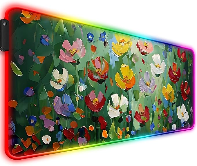RGB Abstract Green Wildflower Gaming Desk Mat, Computer Keyboard Large Extended Long Floral LED Mouse Pad for Office and Home, XL (W23)