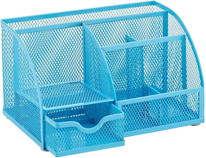 Annova Mesh Desk Organizer Office with 7 Compartments + Drawer/Desk Tidy Candy/Pen Holder/Multifunctional Organizer (Blue)