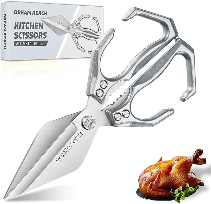 Dream Reach Heavy Duty Poultry Shears Kitchen Scissors Dishwasher Safe with Ergonomic Handle, Japanese High-Carbon Steel Cooking Shears for Chicken, Meat, Seafood, Bone Cutting (Silver)