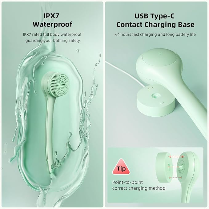Oh,XIYU. Electric Body Brush Back Scrubber for Shower, Waterproof Long Dual Handle Power Body Scrubber with 3 Heads, Rechargeable Bath Brush & 2 Speeds, for Cleansing, Exfoliating and Massaging Skin