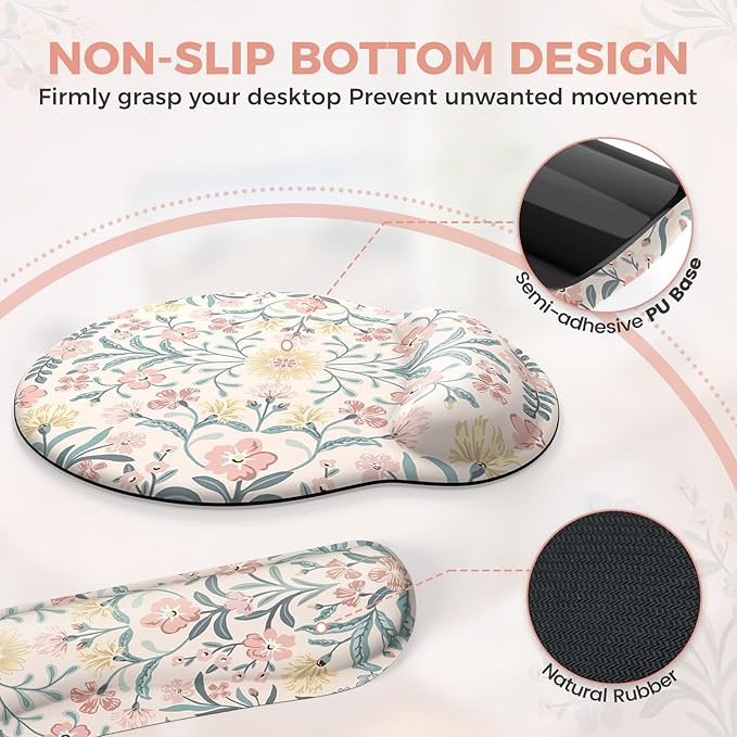 iCasso Desk Pad Mat, Large Mouse Pad and Keyboard Wrist Rest Set, Desk Protector Mat,4in1 Ergonomic Carpal Tunnel Keyboard Pad with Wrist Support for Desktop Cover Home Office Computer(Pink Flowers)