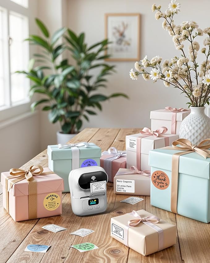 Phomemo Label Printer - M110 Address Label Maker Bluetooth Thermal Portable Label Maker Machine for Small Business, Barcode, Cable, Retail, Clothing, Barcode Printer Compatible with Phones & PC, White