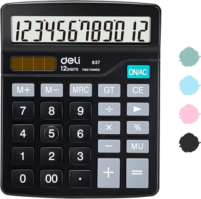 Calculator, Deli Standard Function Desktop Calculators with 12 Digit Large LCD Display and Sensitive Button, Solar Battery Dual Power Office Calculator, Black