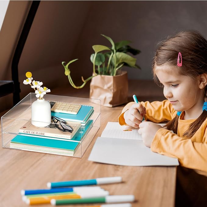 Yulejo 2 Pcs 12.4 x 12.4 x 2.36" Acrylic Desk Organizers Accessories Paper Storage Tier File Office Organizer Tray Stackable Document Clear Desk Accessories for Office Workspace Organization