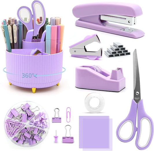 Purple Desk Accessories, UPIHO Rotating Pen Holder Set,Purple Office Supplies with Purple Stapler and Tape Dispenser Set, Gifts for Office Clerks,Student
