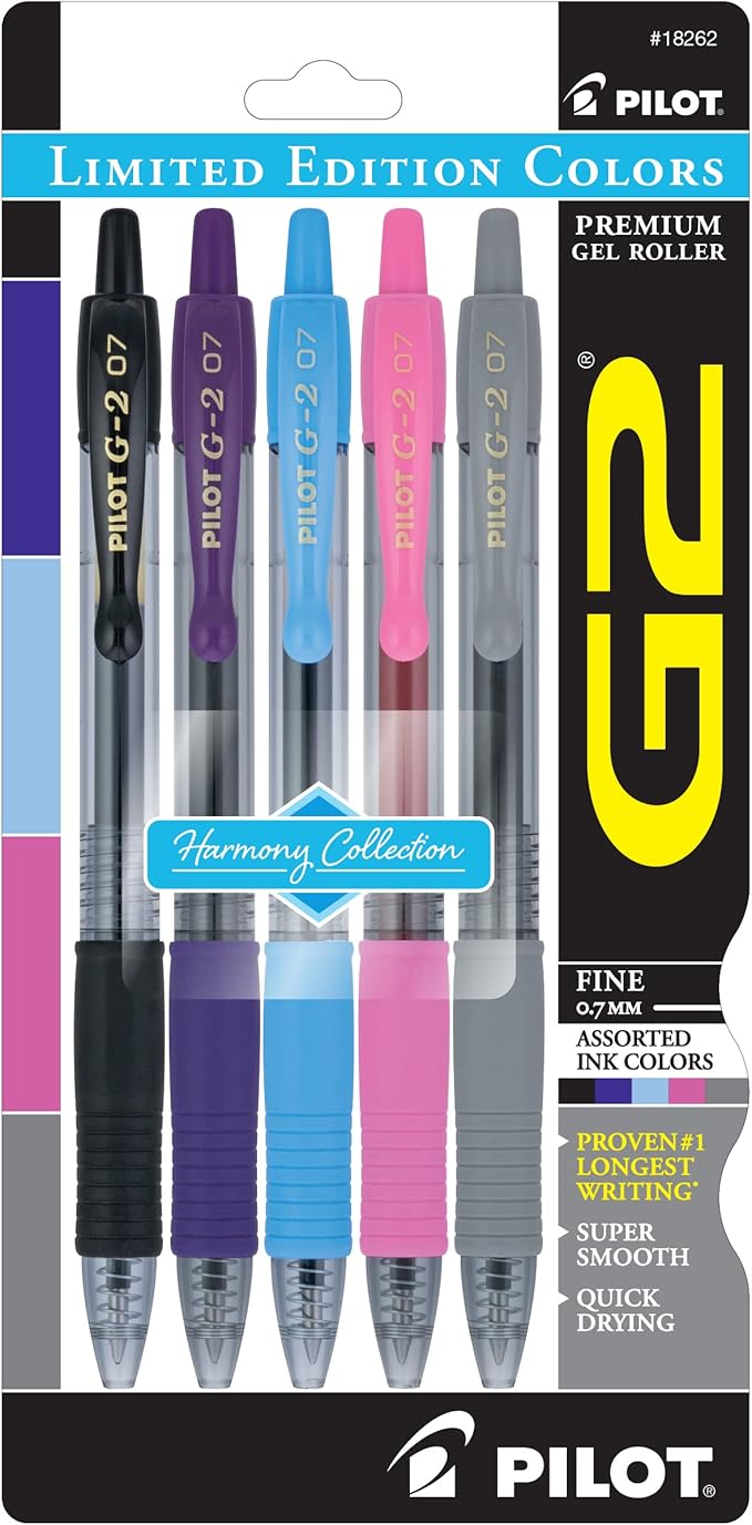 PILOT G2 Harmony Ink Collection Limited Edition Retractable Gel Pens, 0.7mm, Fine Point, Assorted Ink, 5-Pack