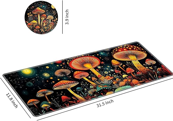 Desk Mat Large Gaming Mouse Pad (31.5x11.8 inch) with Stitched Edges, XL Mouse Pad +Coaster, Extended Mouse Mat Keybroad Mousepad Non-Slip Rubber for Gamer Men Women, Mushrooms Night