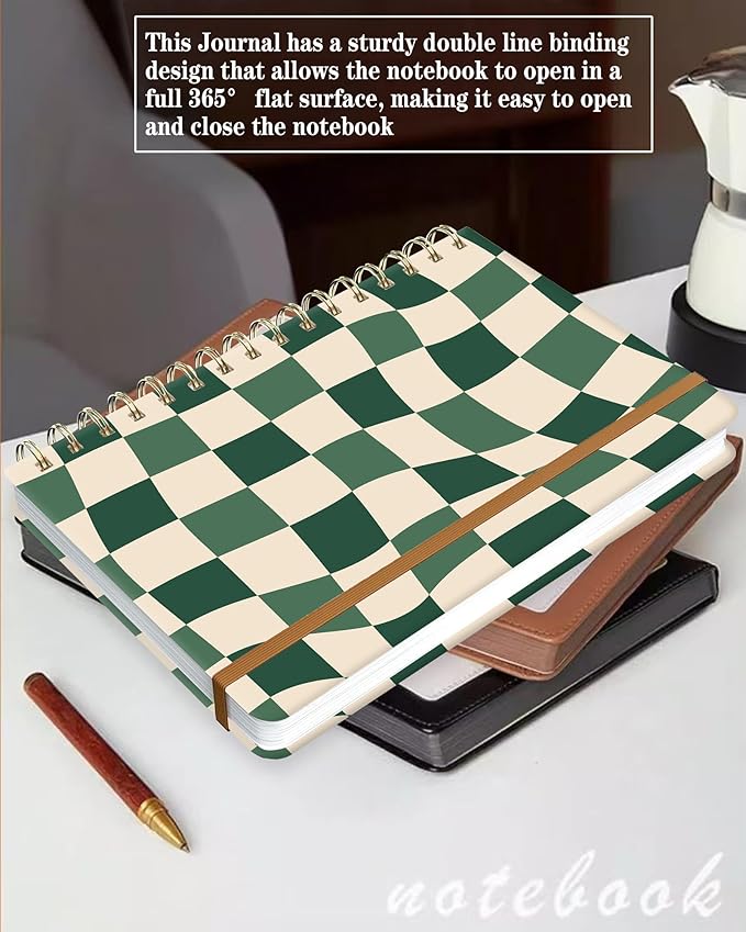 Spiral Journal Notebook for Women, Hardcover A5 College Ruled Notebook, 60 Sheet, Thick Paper, Cute Lined Journal for School, Office & Work, 6 x 8.4 in(Green Checkered)