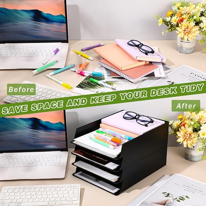 Wenqik 20 Pcs Stackable Paper Trays Rectangular Plastic Desk Holder Desktop Document File Organizer Storage Letter for Back to School Office Classroom (Black)