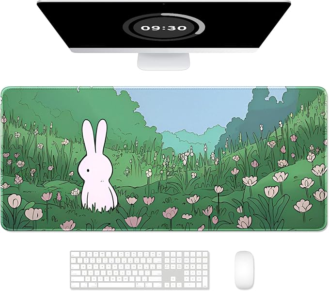 Auhoahsil Desk Mat, Ultra Large Mouse Pad, XXL Gaming Mousepad, Pretty Desk Pad, Big Extended Full Size Desktop Desk Matt for Keyboard, Laptop & Computer, 35.5 x 15.7 in, Anime Bunny Green Grass