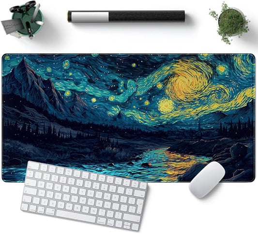 Misty Forest Desk Pad Mat Vincent Van Gogh XL Mouse Pad Gaming Playmat Large Mousepad XXL Desk Laptop Pad Equipped with Waterproof Storage Bag Non-Slip Stitched Edges (31.5x15.7 in)