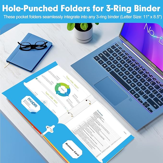 Two Pocket Portfolio Folders, PANDRI 60 Pack 3 Hole Punched 2 Pocket Folders for 3 Ring Binder, Letter Size Paper File Folder for School Office Home Business, Lightblue