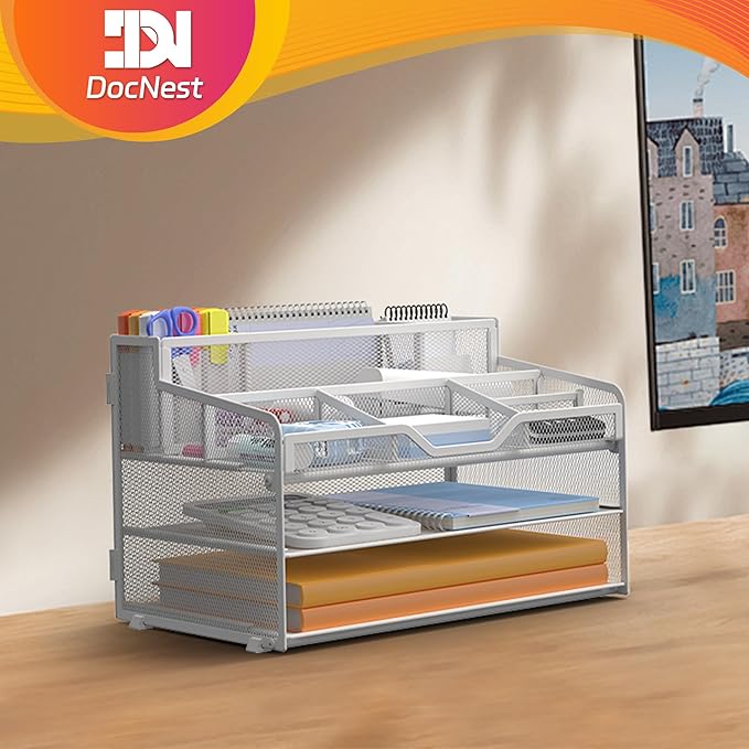 Docnest 3 Tier Mesh Desk Organizer for Paper Office Supplies – Multi-Functional Letter Tray with 5 Adjustable Compartments, 3 Pen Holders, Desktop Storage for Files, Mail, Stationery – White