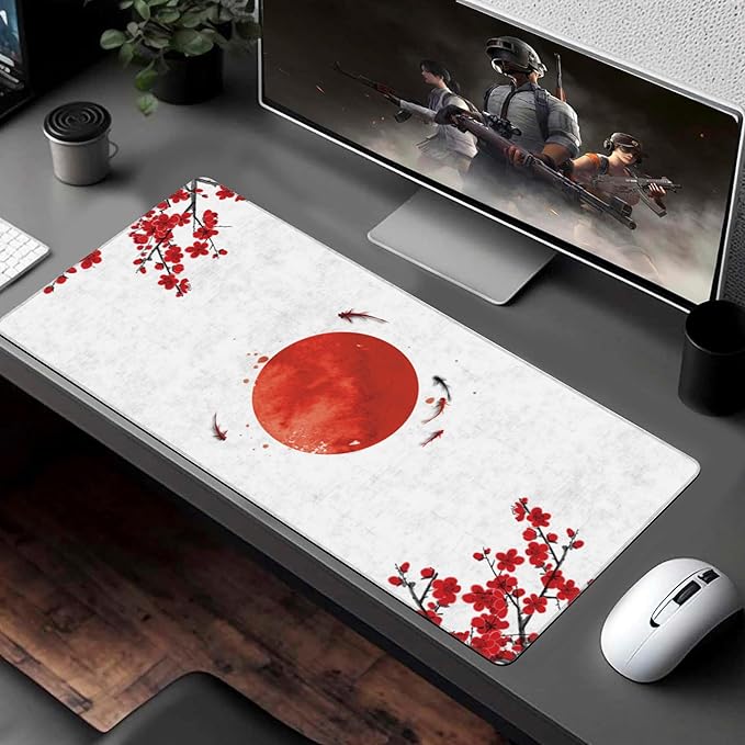 Desk Pad, Cherry Blossom Flowers Koi Carp Fishes and Red Sun Extended Large Gaming Mouse Pad XXL, Large Desk Mat for Desktop with Non-Slip Rubber Base Stitched Edges for Home Office 35.4"X15.7"