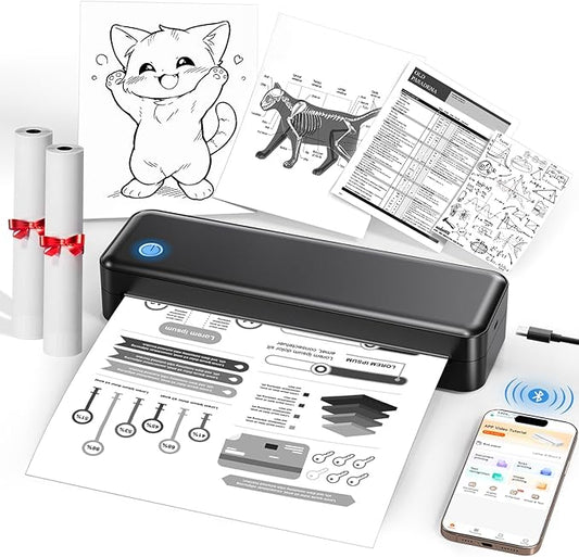 Portable Printer Wireless for Travel, Inkless Thermal Printer Supports 8.5 x 11 Inch Thermal Paper, Bluetooth Compatible with iOS, Android, Laptop Includes 2 Rolls & 10 Sheets of Paper Kit