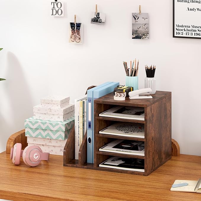 Wood Desk Organizer File Holder, Wooden Mail Organizer Countertop with Adjustable Compartments, Desktop File Organizer Paper Sorter for Home, Office and School, Envelope Organizer, Brown