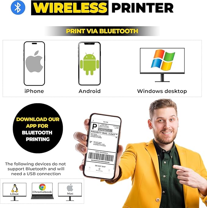 Label Printer, Bluetooth Thermal Printer, 4x6 Shipping Label Printer, Thermal Label Printer Desktop or Phone, Compatible with iPhone, Android, Windows, Mac, Chromebook, Amazon, Ebay, UPS.USPS (White)