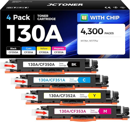130A Toner Cartridge Set 4-Pack High Yield Replacement for HP 130A CF350A CF351A CF352A CF353A Compatible with HP Color Laserjet Pro MFP M176n M177fw Printer Ink M176 M177 (Black Cyan Yellow Magenta